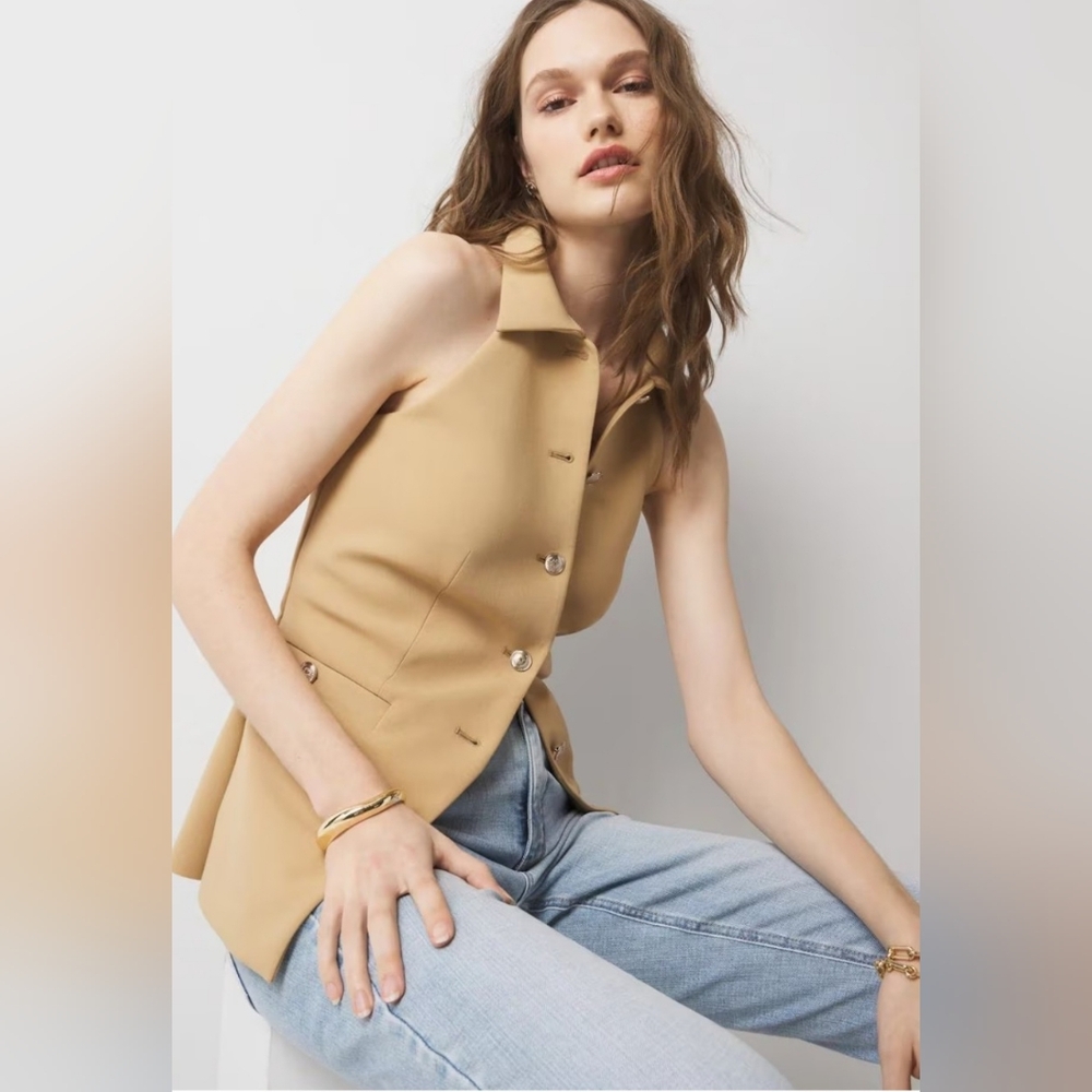 White House Black Market Beige Sleeveless Button-Down Shirt